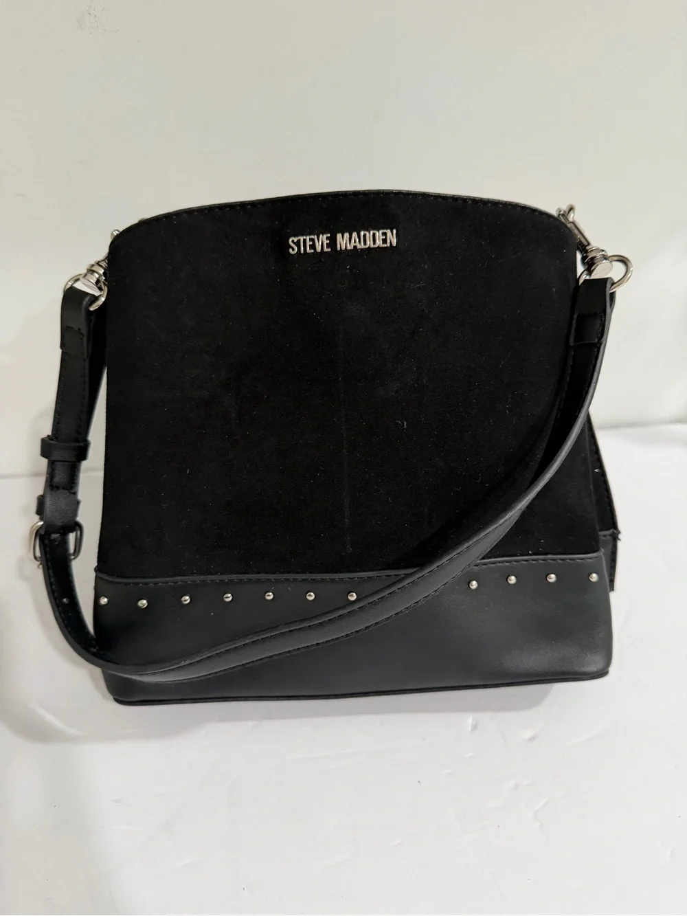 Steve Madden Black Suede & Leather Crossbody with Silver Studs